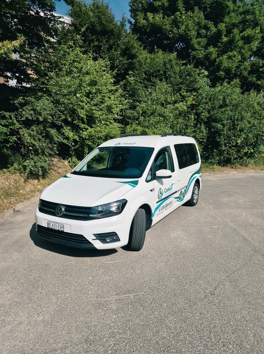 Frontansicht des echten CuraGo VW Caddy Maxi