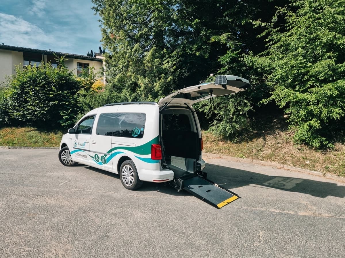 Echtes CuraGo Fahrzeug mit geöffnetem Heck und ausgefahrener Rollstuhlrampe