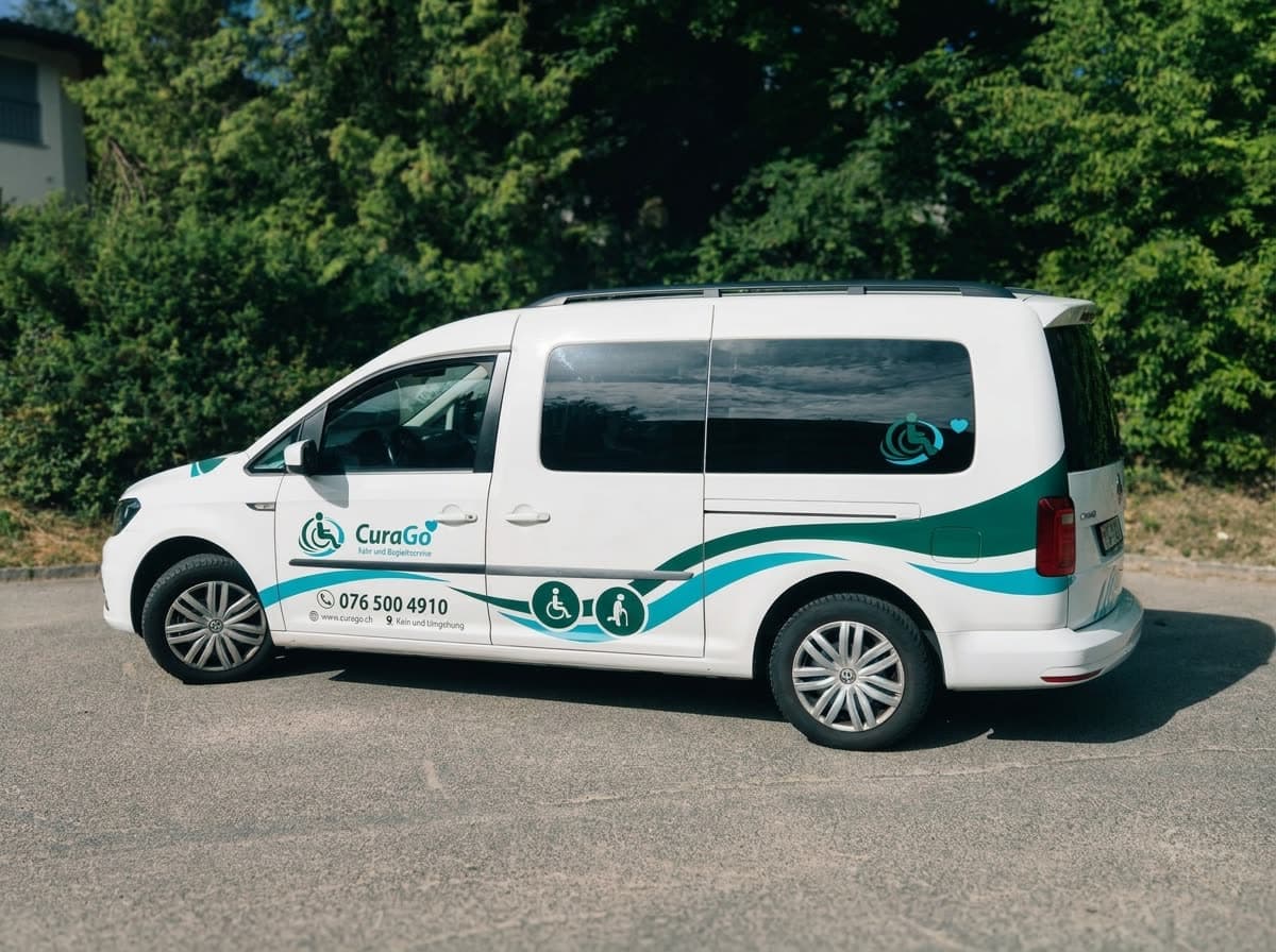 Seitenansicht des echten CuraGo VW Caddy Maxi mit Wellen-Folierung